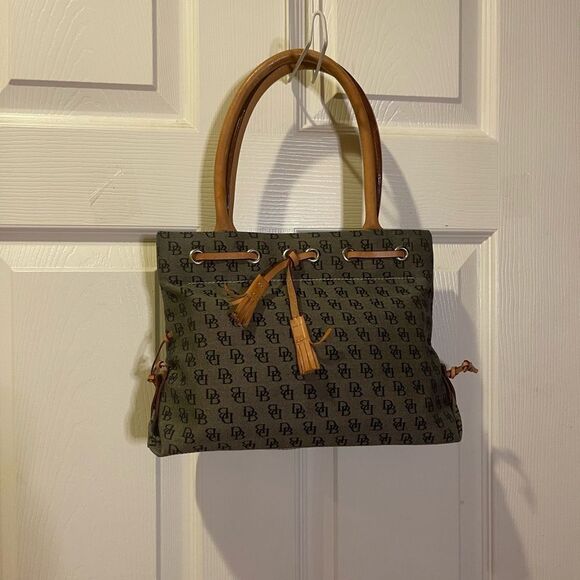 Dooney & Bourke small gray canvas logo tan leather straps and tassels.satchel. - Picture 2 of 12